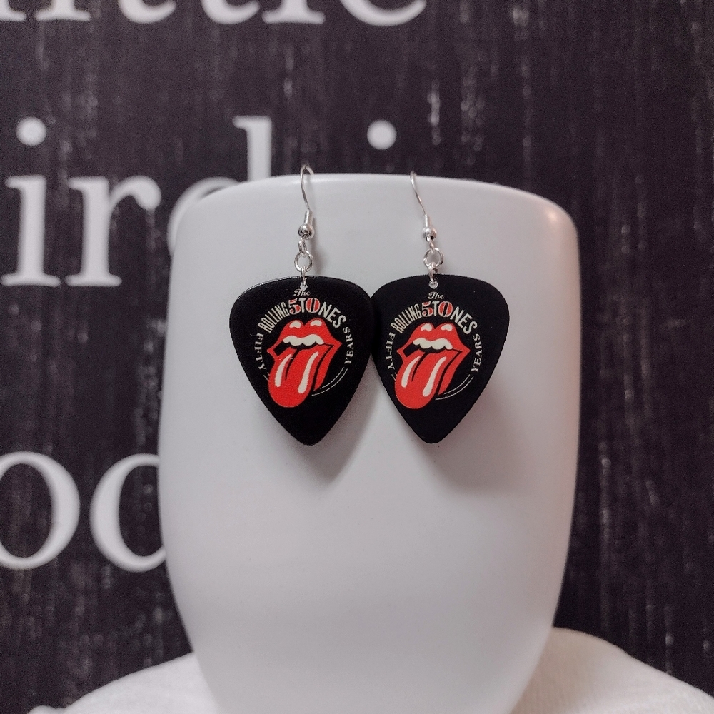 New Rolling Stones Favorite Band Logo Silver Guitar Pick Earrings - Picture 3 of 5